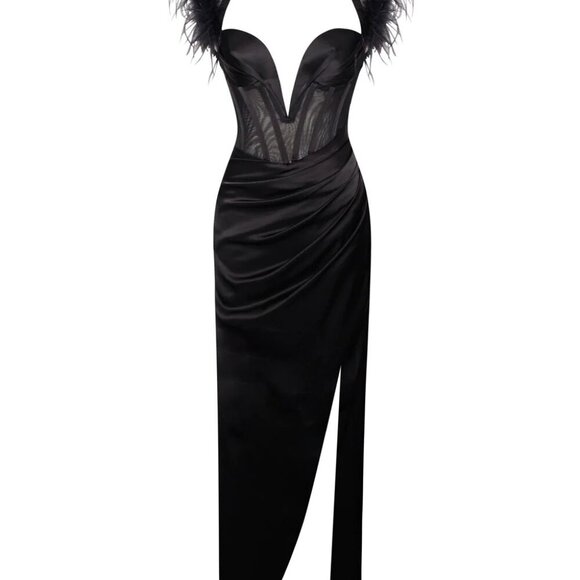 Rina Elegant Black Satin Evening Gown with Feather Shoulder Details High Slit - Picture 8 of 11